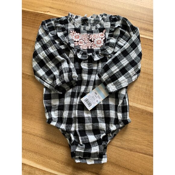 Cat & Jack Baby Girls Black Plaid Bodysuit With Floral Embroidery - Picture 5 of 11